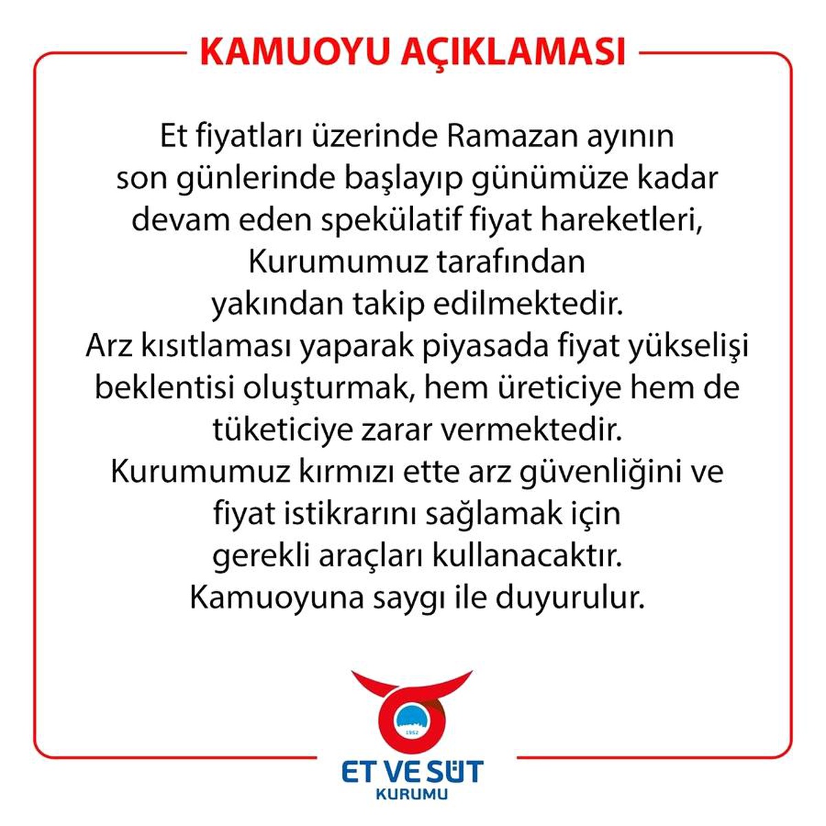 Et ve Süt Kurumu: "Spekülatif fiyat hareketleri yakından takip edilmektedir"
