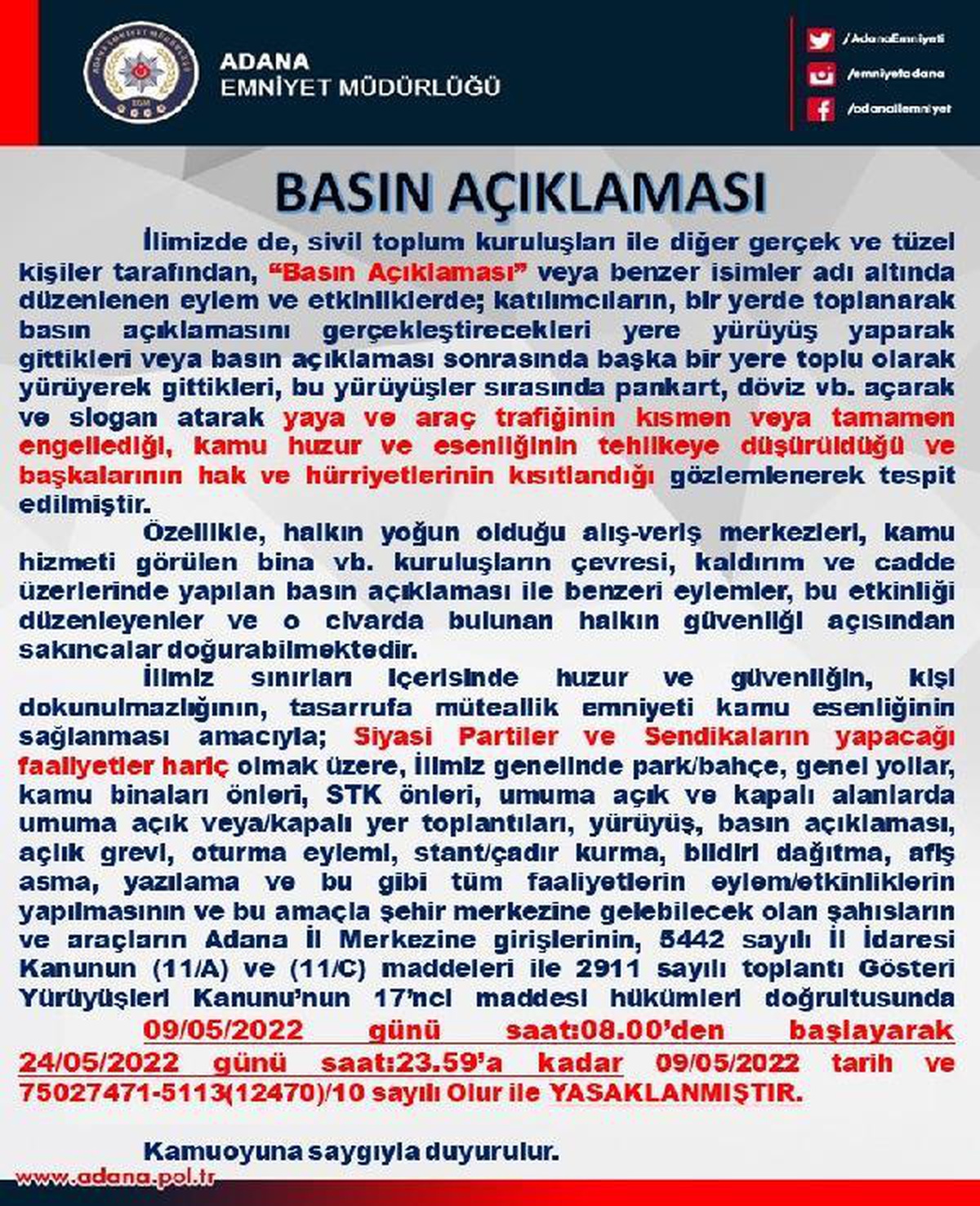 Adana\'da gösteri yürüyüşü ve açık hava toplantılarına geçici yasak getirildi