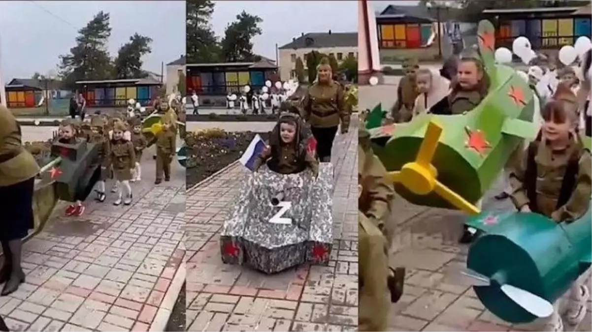 Rusya\'da bir anaokulu, Nazilere karşı zaferin yıldönümünde çocuklara Ukrayna savaşının simgesi olan "Z" amblemli giysiler giydirdi