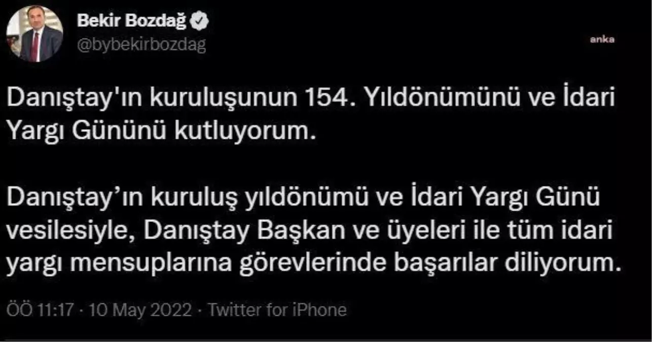 Adalet Bakanı Bozdağ Danıştay'ın Kuruluş Yıldönümünü Kutladı