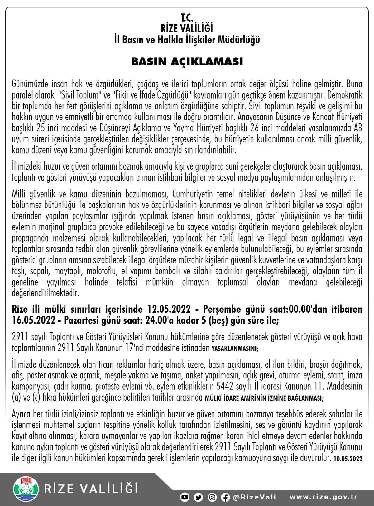 Rize\'de 5 günlük yasaklama kararı