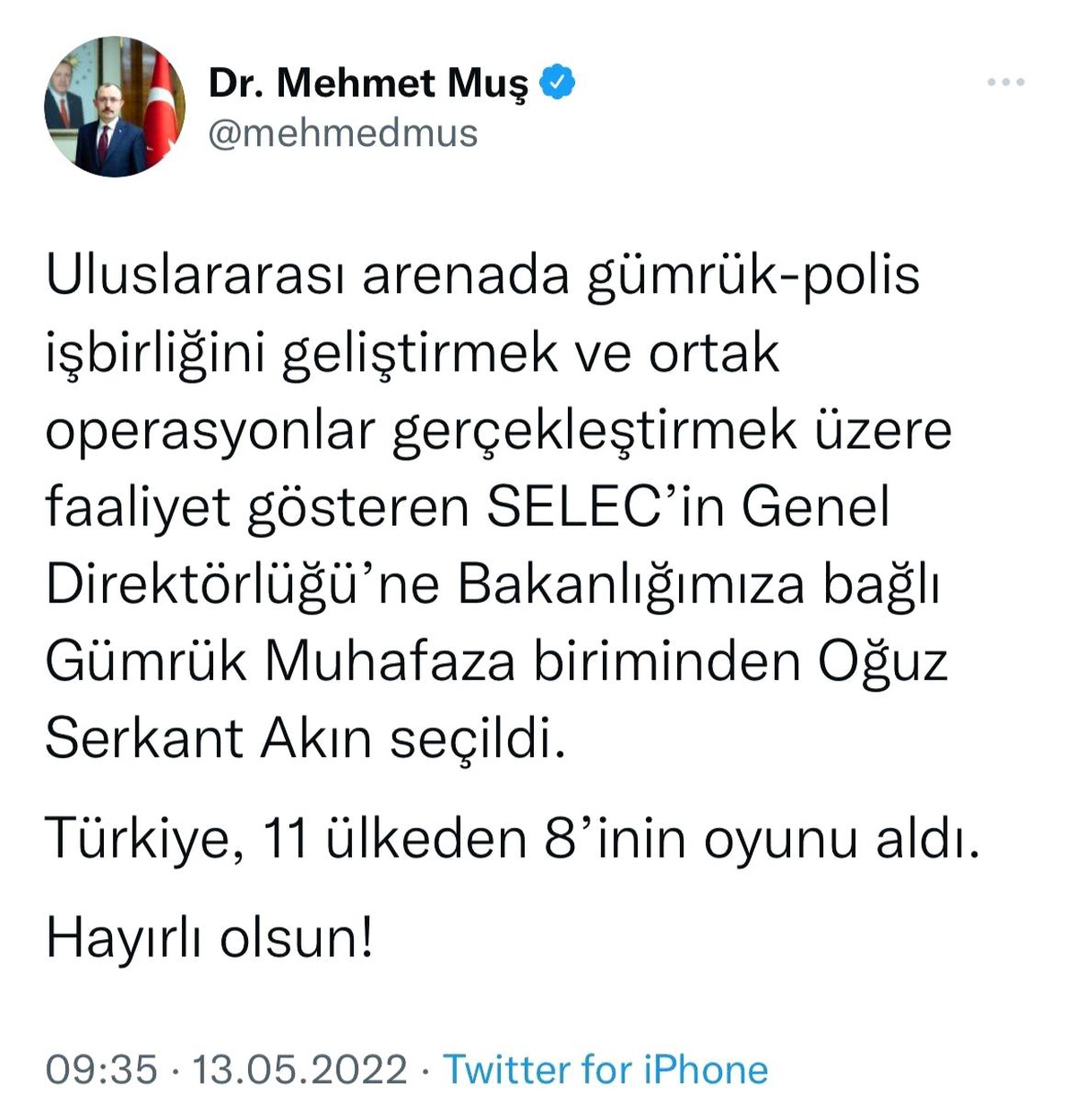 Bakan Muş: "SELEC\'in Genel Direktörlüğü\'ne Bakanlığımız personeli seçildi"