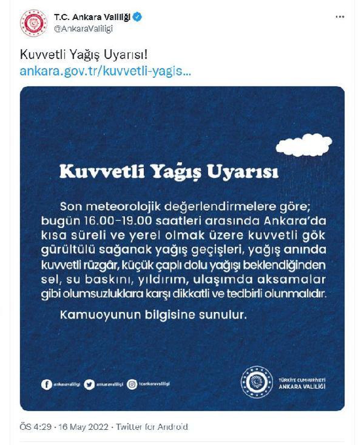 Ankara Valiliği\'nden \'kuvvetli yağış\' uyarısı