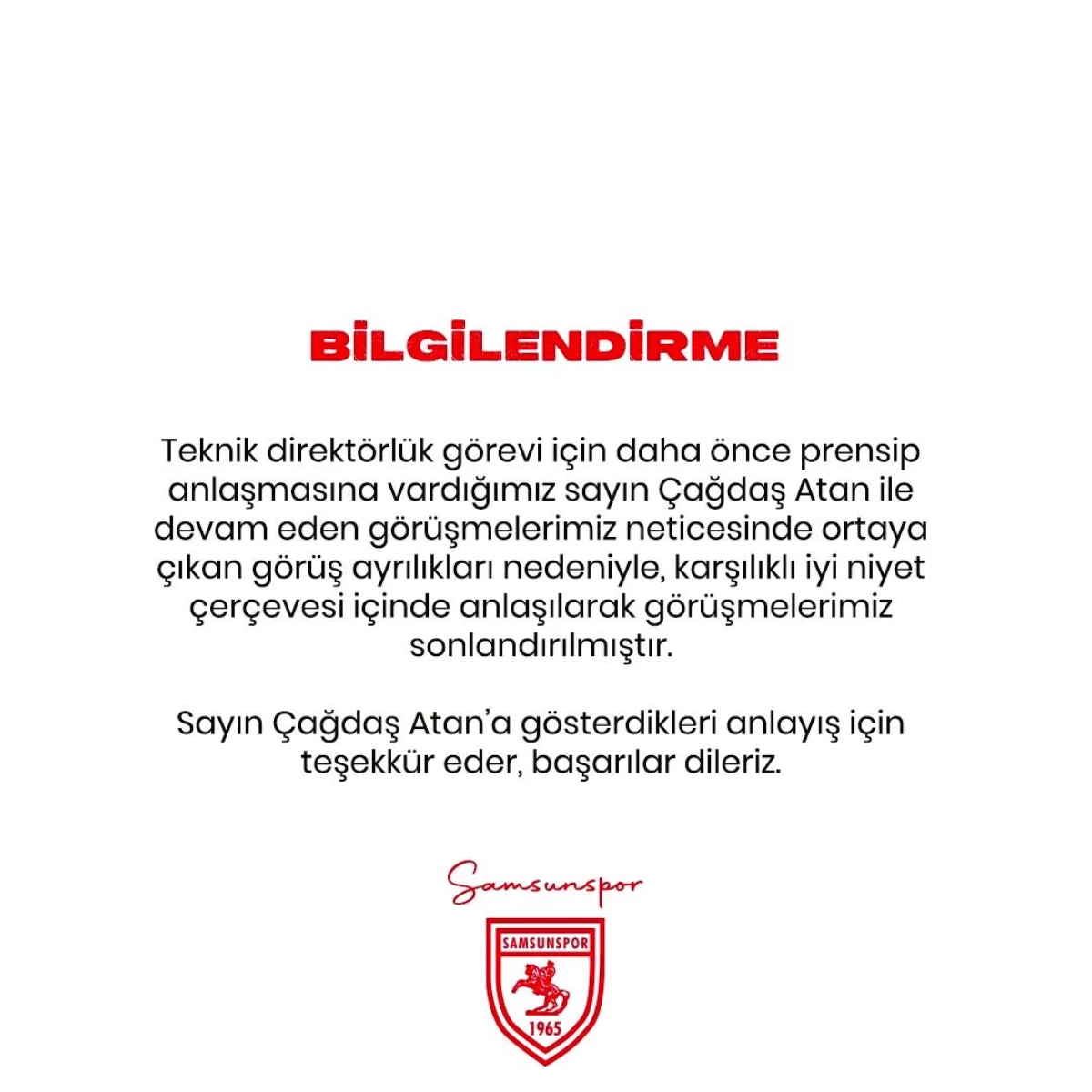 Samsunspor, teknik direktör Çağdaş Atan ile görüşmeleri sonlandırdı