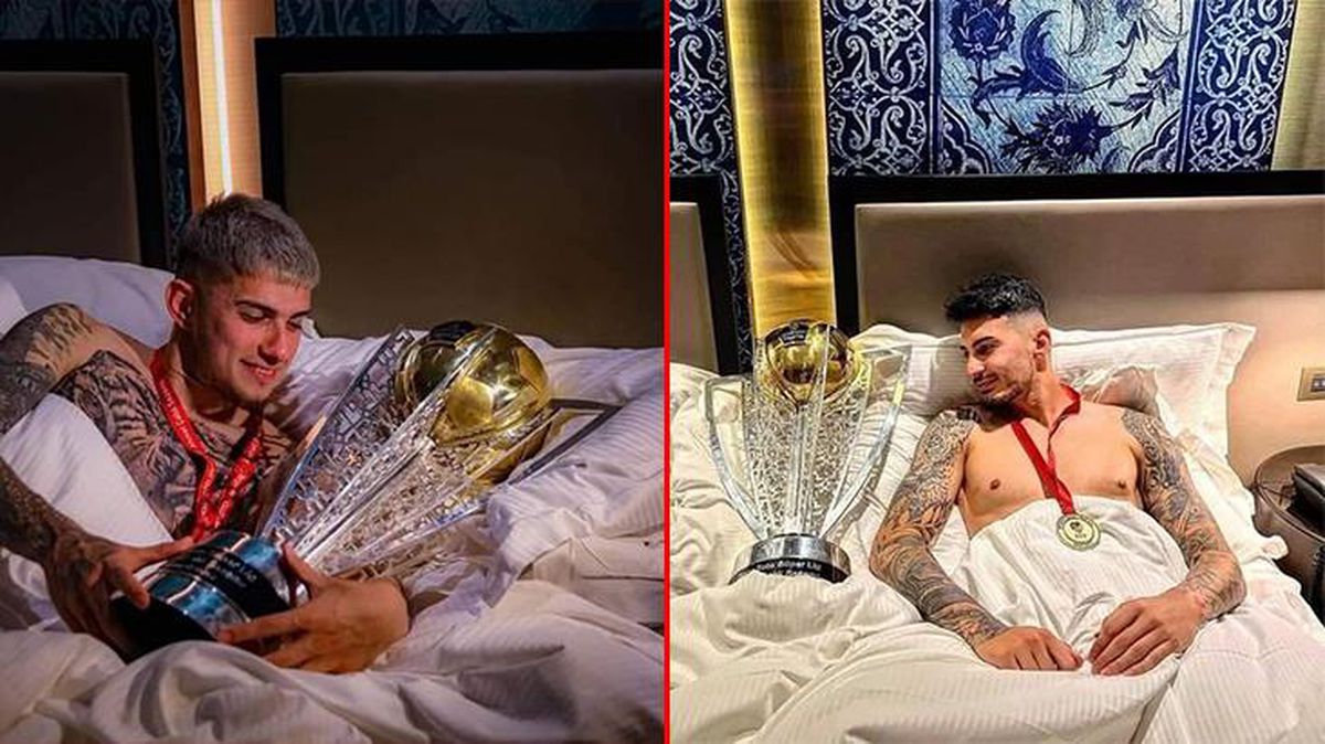 Trabzonsporlu futbolcular kupayla birlikte yatakta poz verdi