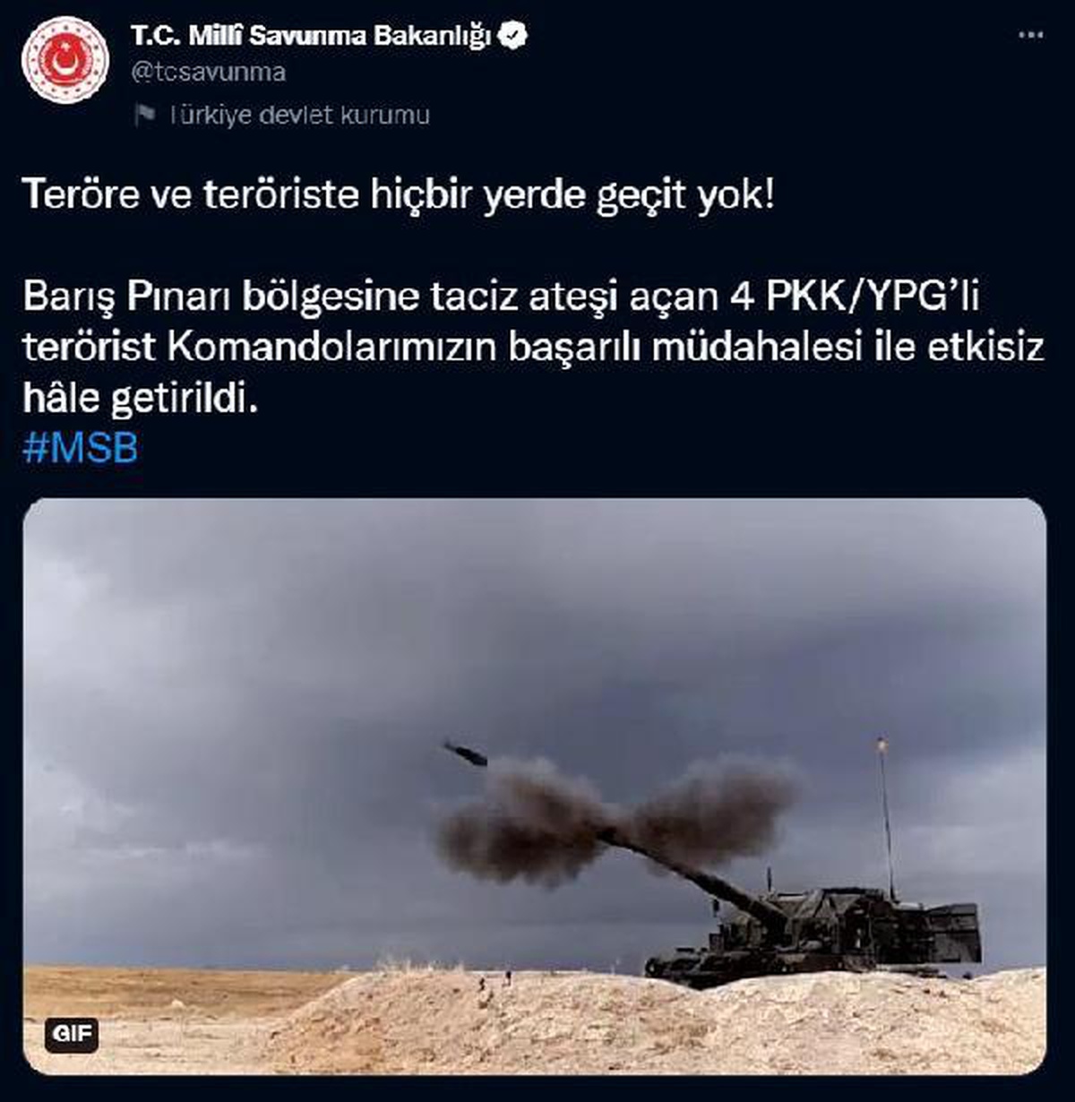 Barış Pınarı bölgesine taciz ateşi açan 4 terörist etkisiz hale getirildi