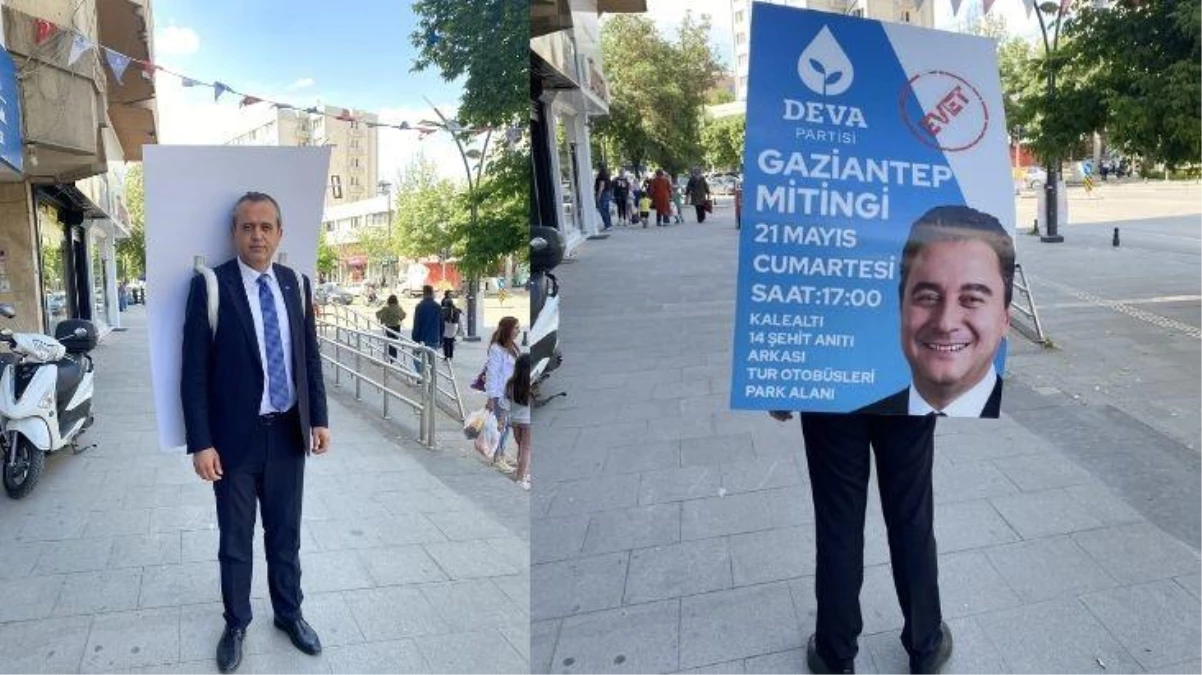 DEVA Partisi Gaziantep\'te afiş yasağını böyle deldi: İl başkanı afişleri sırtına asarak sokak sokak gezdi