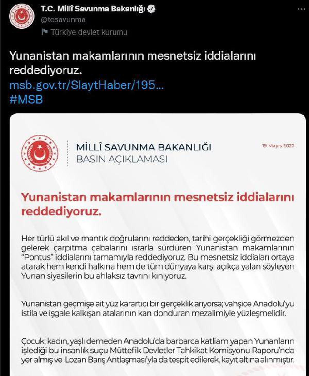 Milli Savunma Bakanlığından Yunanistan\'ın "Pontus" açıklamalarına tepki Açıklaması