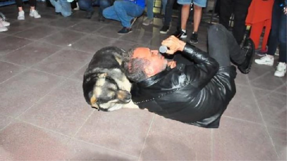 19 Mayıs\'ı Manisa\'da kutlayan şarkıcı Haluk Levent, sokak köpeğiyle yere uzanarak şarkı söyledi