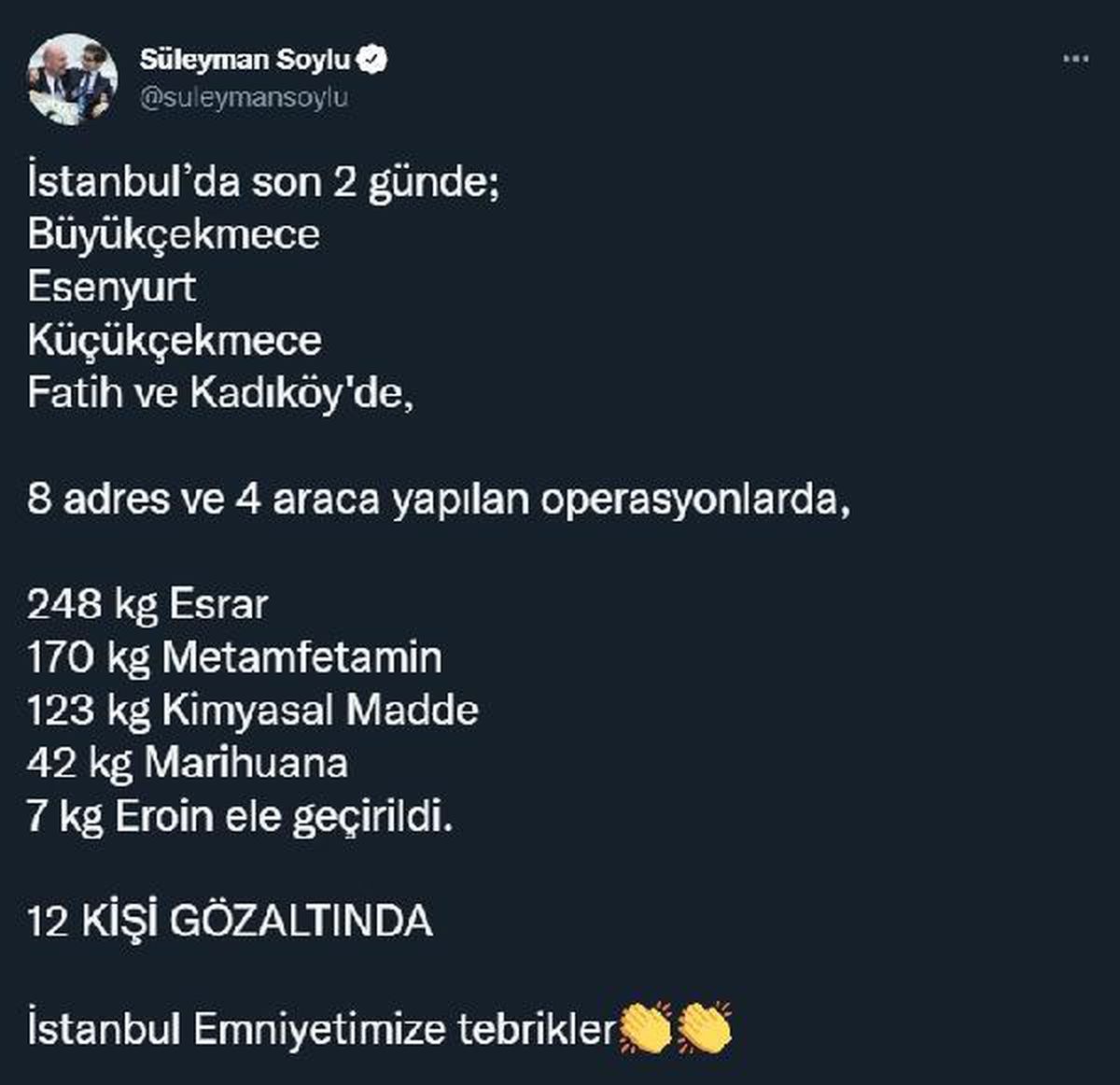 İçişleri Bakanı Soylu: "İstanbul\'da 590 kilogram uyuşturucu yakalandı"