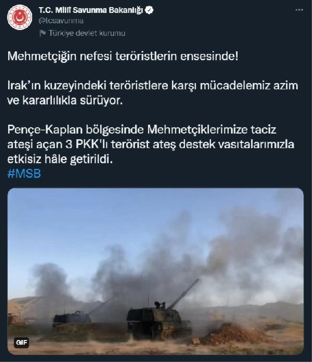 MSB: Irak\'ın kuzeyinde 3 terörist etkisiz hale getirildi