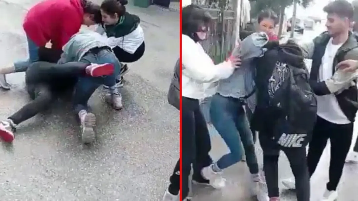Liseli kızlar tekme tokat kavga etti, erkek öğrenciler ise sadece video çekti
