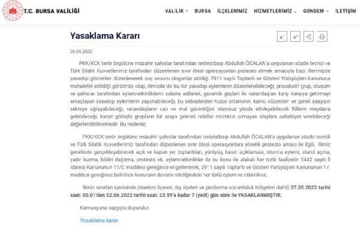 Bursa\'da 7 gün boyunca gösteri ve etkinlikler yasaklandı