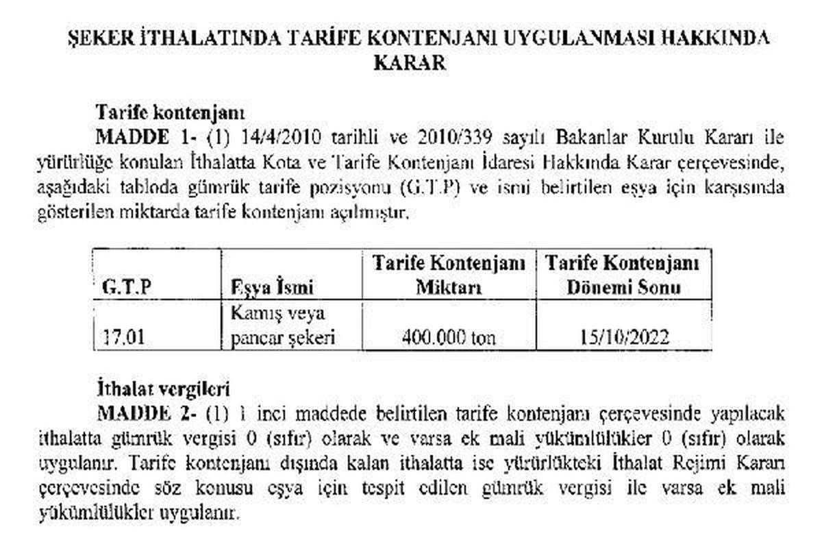 400 bin ton şeker ithalatına ilişkin karar Resmi Gazete\'de