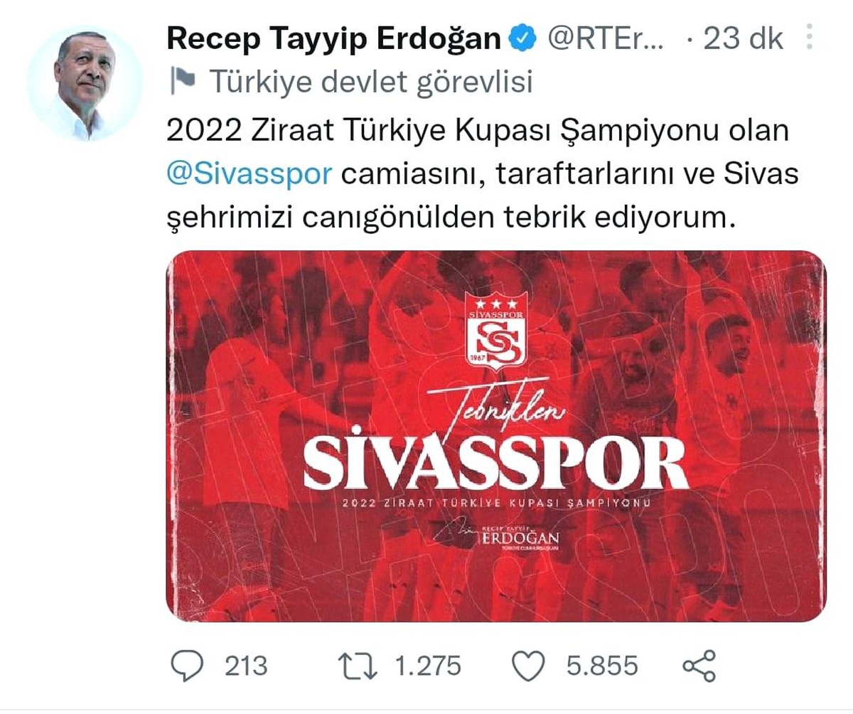 Cumhurbaşkanı Erdoğan, Sivasspor\'u tebrik etti