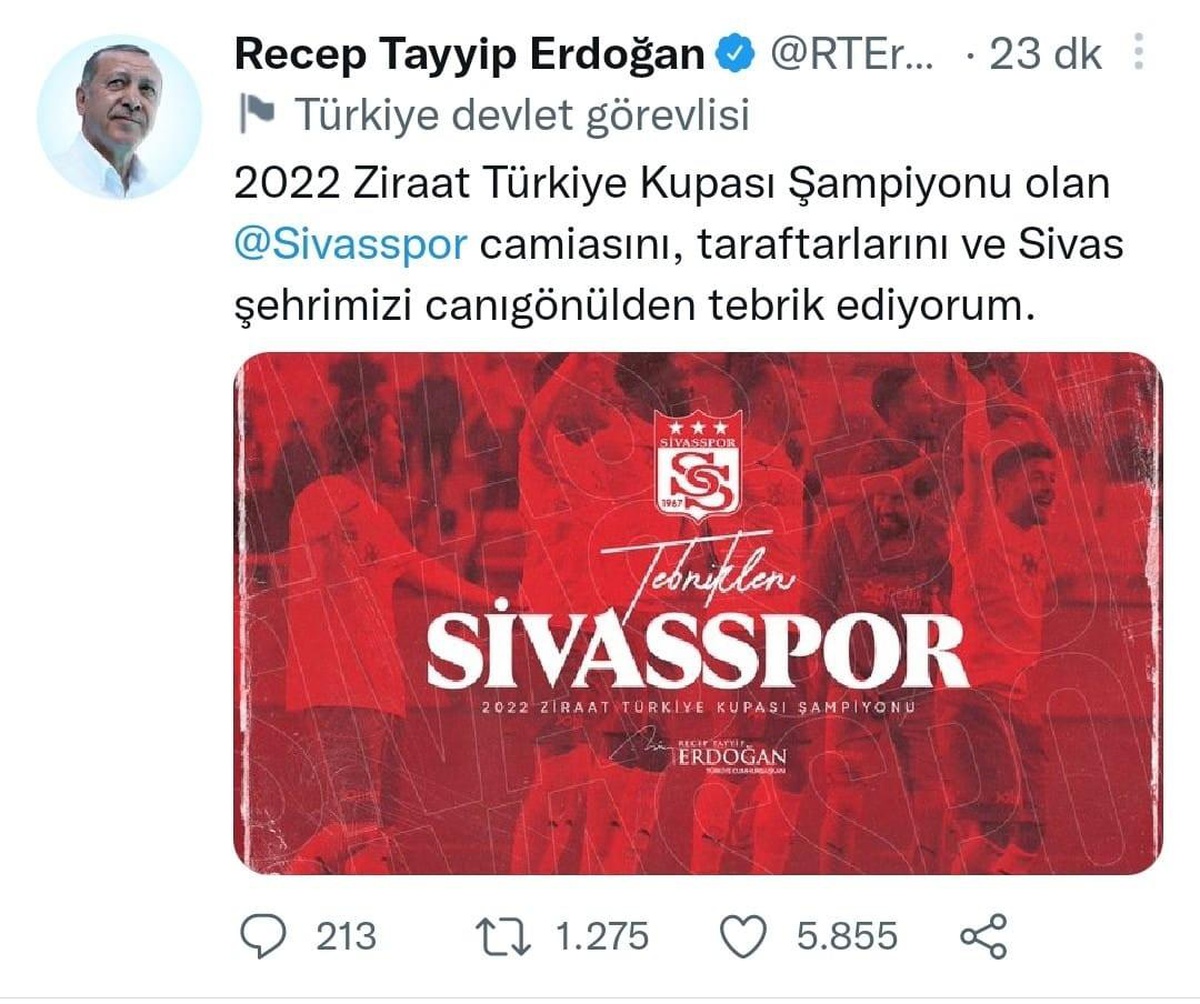 Cumhurbaşkanı Erdoğan, Sivasspor\'u tebrik etti
