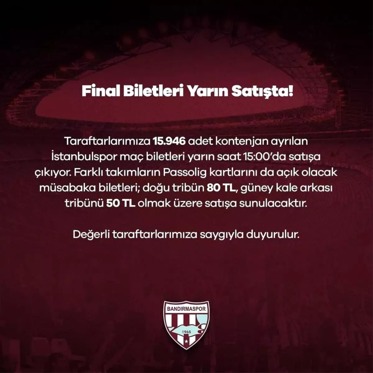 Bandırmaspor İstanbulspor biletleri satışa sunuluyor