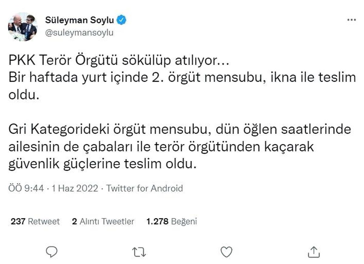 İçişleri Bakanı Soylu: "Gri kategorideki örgüt mensubu teslim oldu"