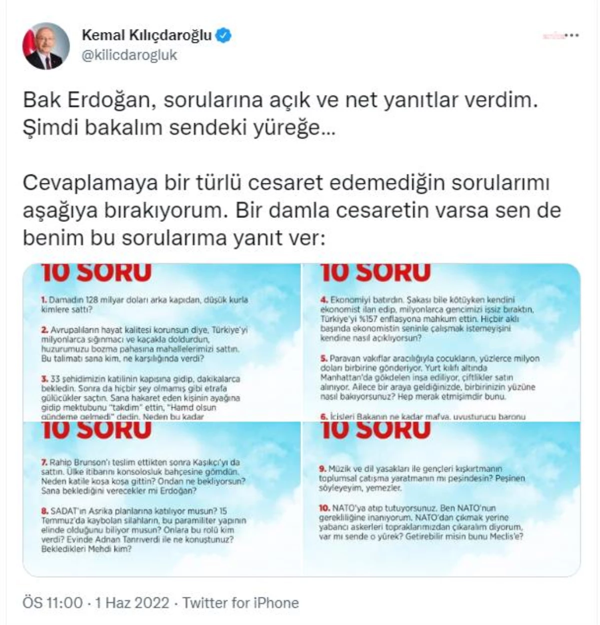 Kılıçdaroğlu\'ndan Erdoğan\'a 10 Soru: "Cevaplamaya Bir Türlü Cesaret Edemediğin Sorularımı Aşağıya Bırakıyorum.