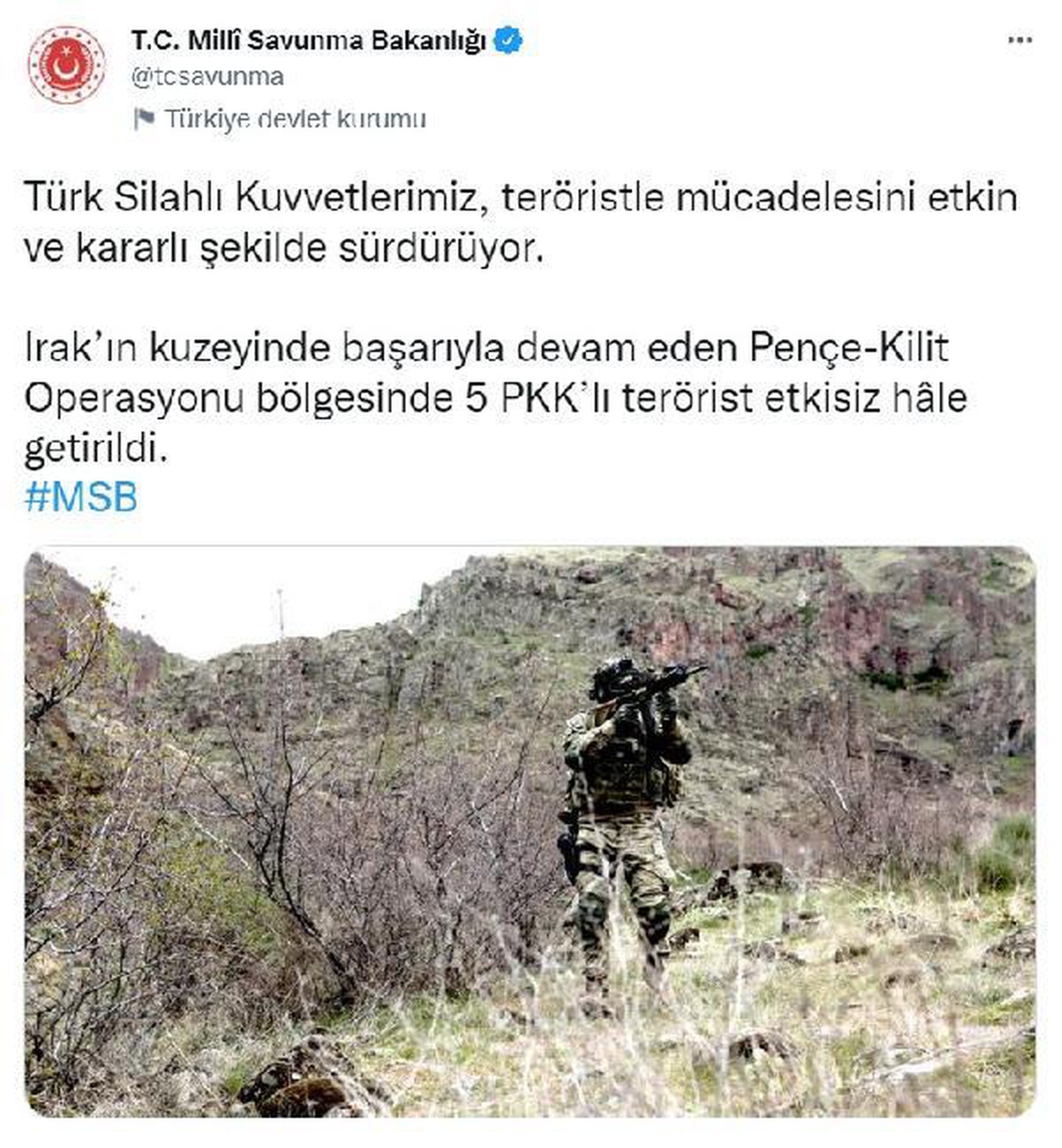 Pençe-Kilit Operasyonu bölgesinde 5 PKK\'lı terörist etkisiz hale getirildi