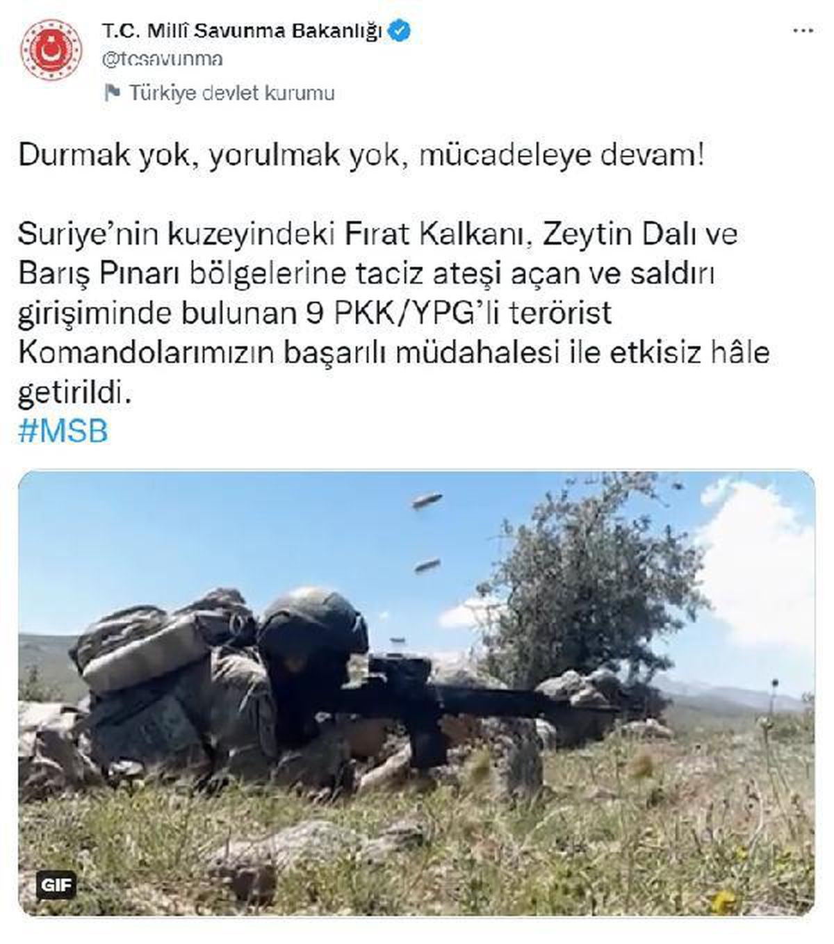 MSB: Suriye\'nin kuzeyinde 9 terörist etkisiz hale getirildi