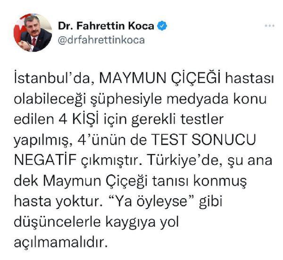 Bakan Koca: "Türkiye\'de şu ana dek maymun çiçeği tanısı konmuş hasta yoktur"