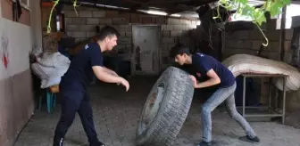 TIR lastiği ve jantla çalışarak güreşte derece yaptılar