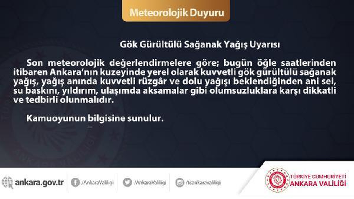 Ankara Valiliği\'nden kuvvetli yağış ve rüzgar uyarısı