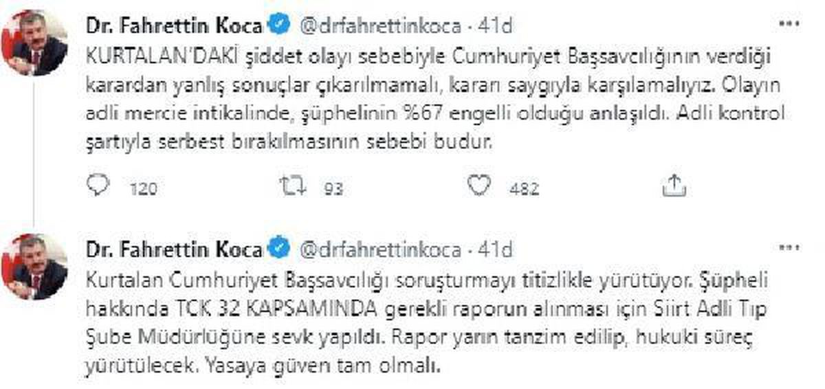 BAKAN KOCA\'DAN, KURTALAN\'DAKİ DOKTORA ŞİDDET OLAYINA İLİŞKİN AÇIKLAMA