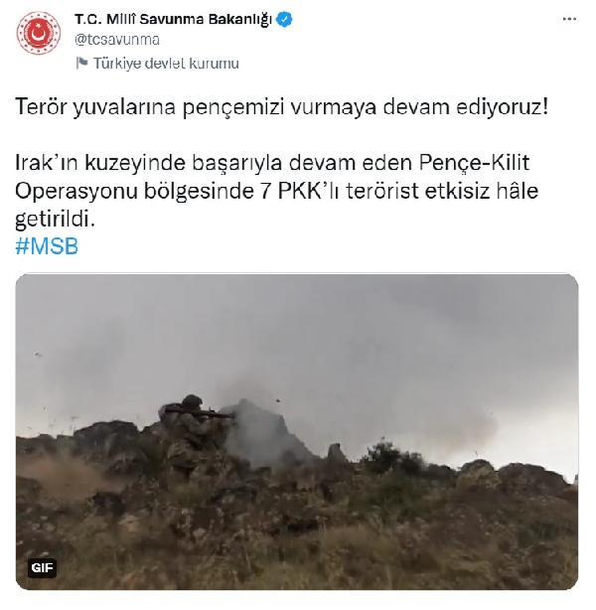 MSB: Irak\'ın kuzeyinde 7 terörist etkisiz hale getirildi