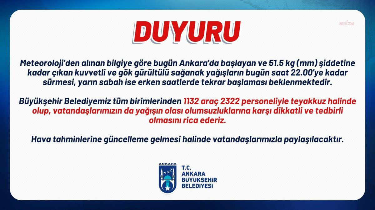 Ankara Büyükşehir Belediyesi\'nden Şiddetli ve Gök Gürültülü Yağış Uyarısı