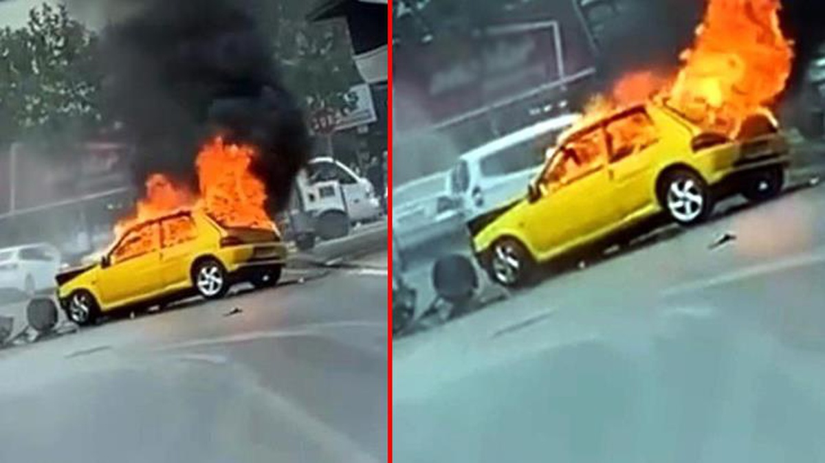 El freni çekerek dönmeye çalışan otomobil sürücüsü aracı alev alınca olay yerinde kaçtı