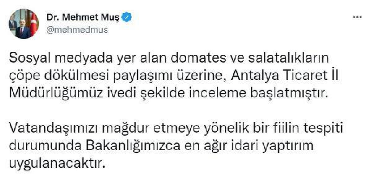 Bakan Muş\'tan, Antalya\'da çöpe dökülen sebzelerle ilgili açıklama