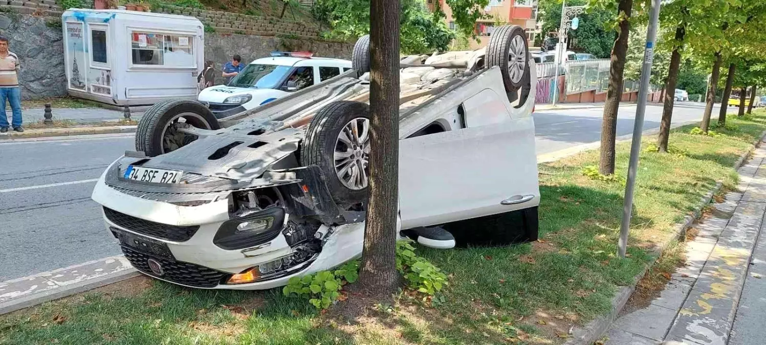 Eyüpsultan'da takla atan otomobilin sürücüsü kazayı burnu bile kanamadan atlattı