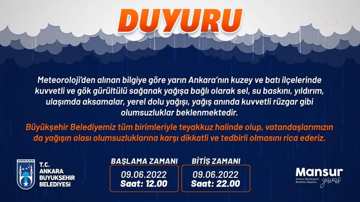 Ankara İçin Sağanak Yağış Uyarısı