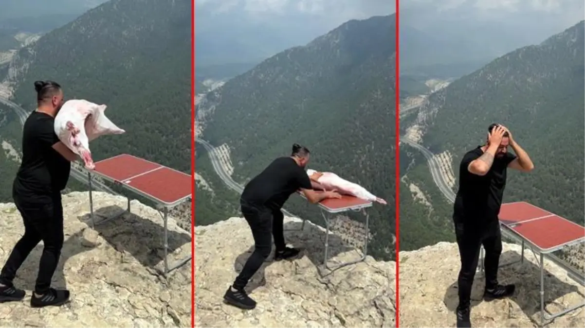 Kebapçı, bin 650 metre yükseklikten çekim için götürdüğü kuzuyu böyle düşürdü