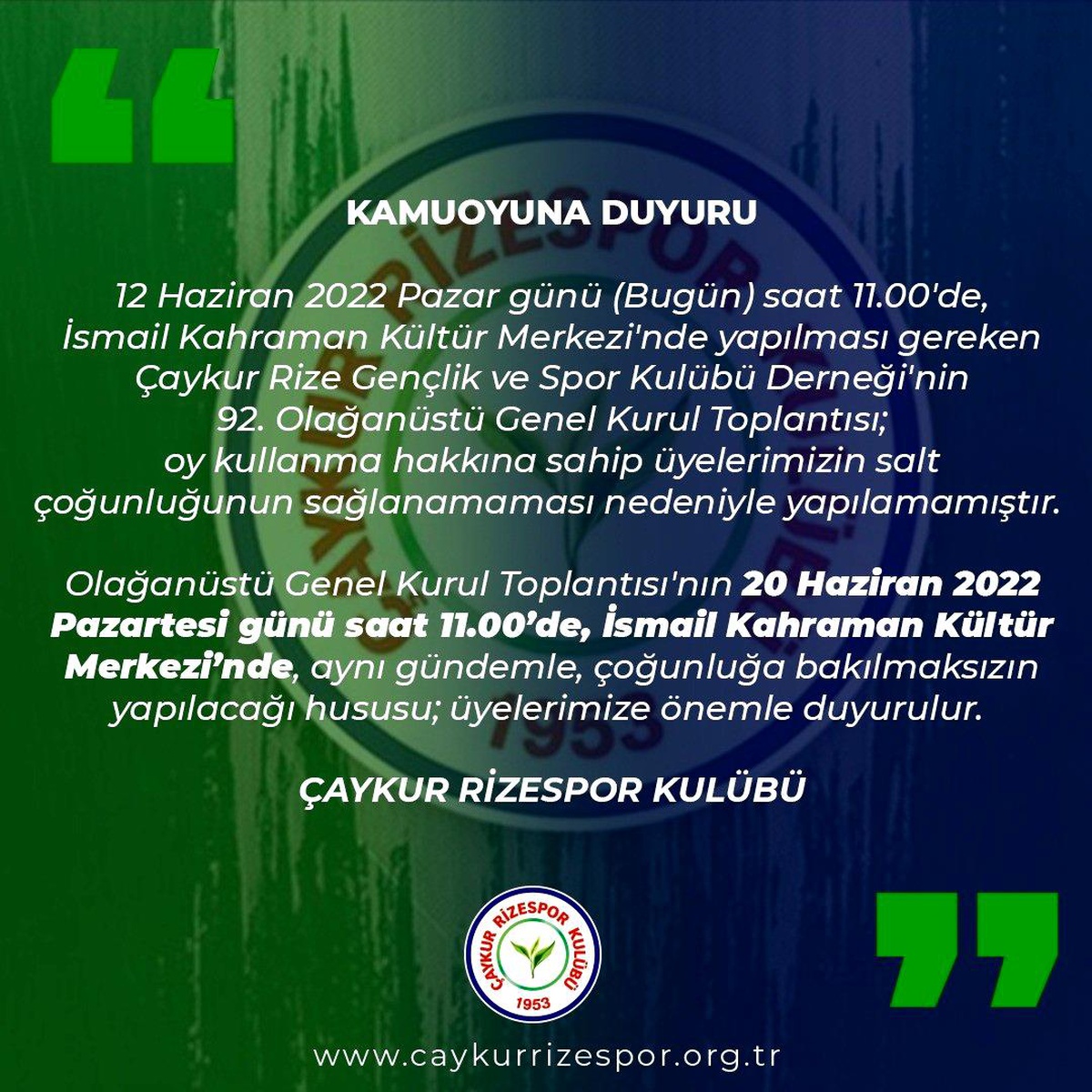 Çaykur Rizespor\'da Seçimli Olağan Genel Kurul ertelendi