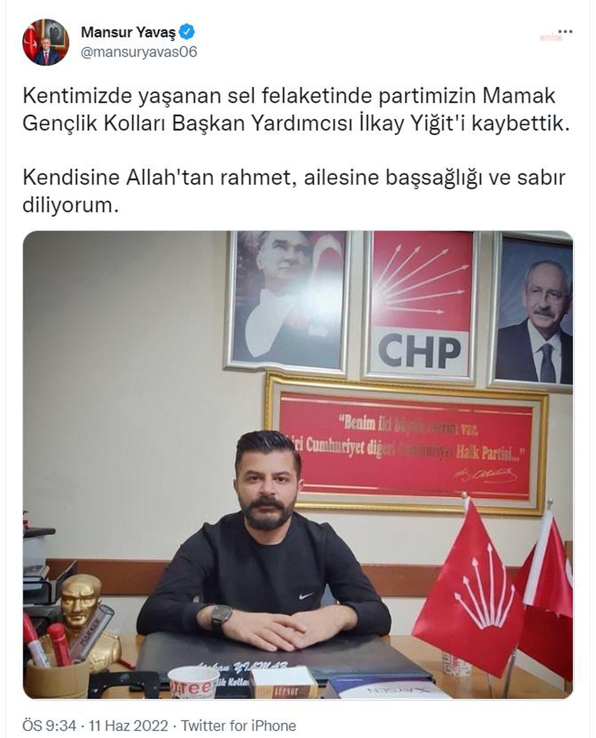 Mansur Yavaş: "Kentimizde Yaşanan Sel Felaketinde Partimizin Mamak Gençlik Kolları Başkan Yardımcısı İlkay Yiğit\'i Kaybettik"