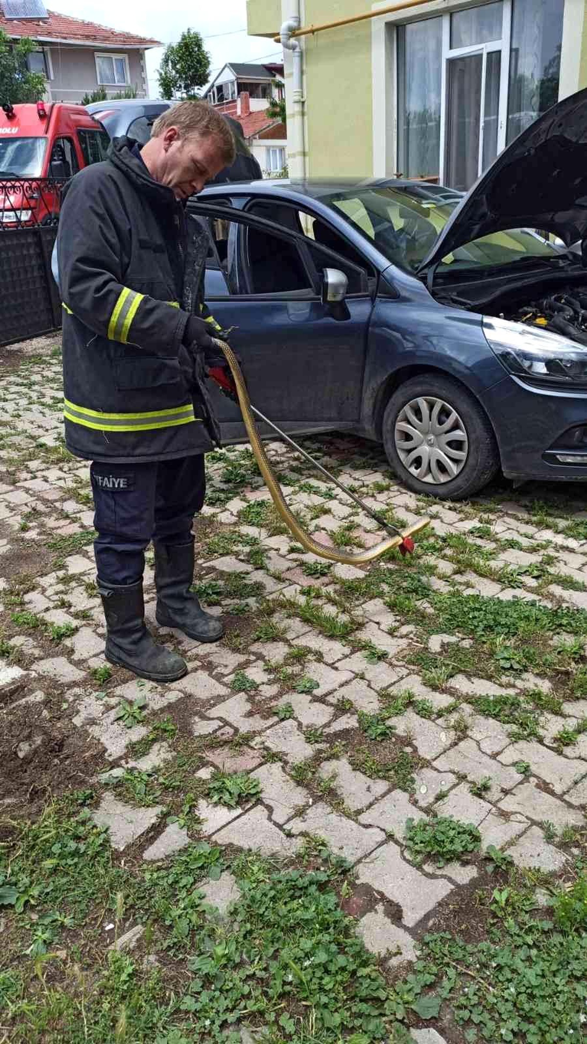Otomobilin motoruna giren yılanı itfaiye çıkardı