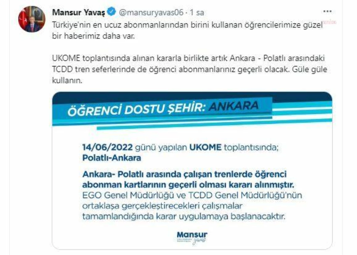 Mansur Yavaş Duyurdu: Öğrenci Abonmanları Polatlı-Ankara Arası Çalışan Trenlerde de Geçerli Olacak