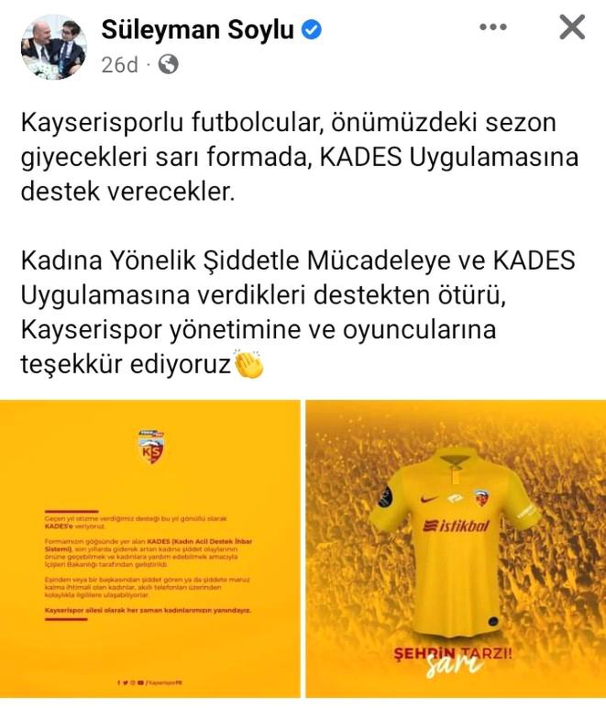 Bakan Soylu\'dan, Kayserispor\'a \'KADES\' teşekkürü