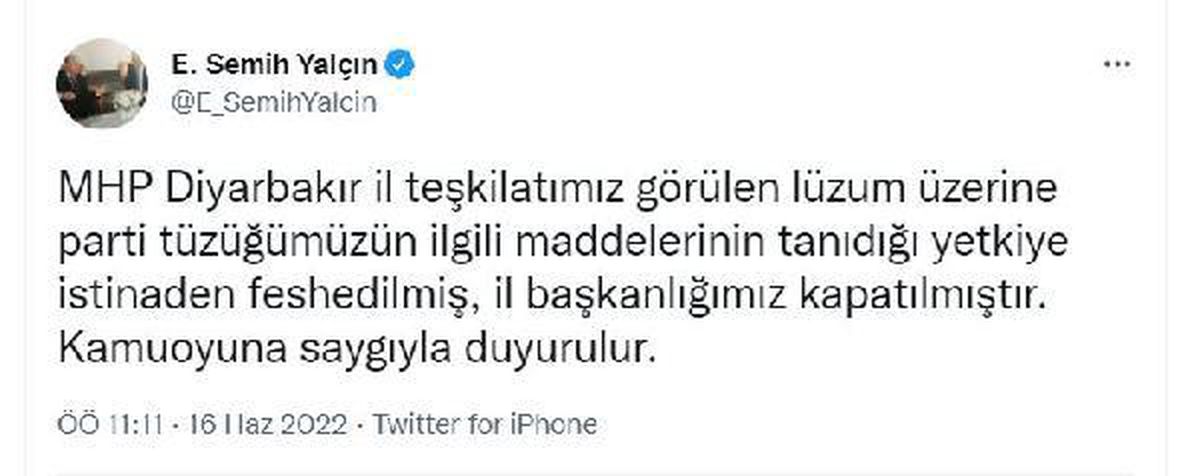 MHP\'li Yalçın: Diyarbakır İl Başkanlığımız kapatılmıştır