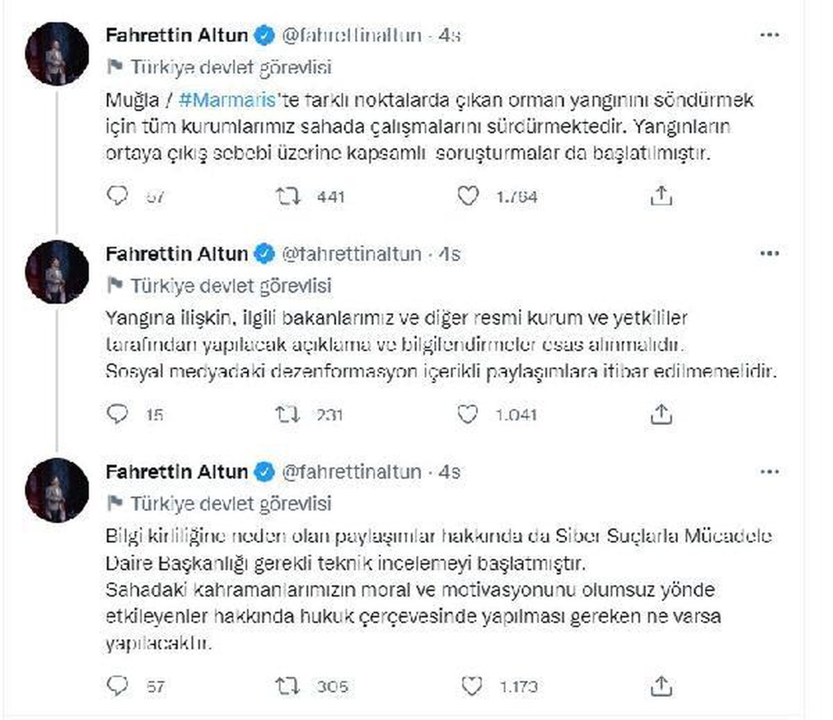 İletişim Başkanı Altun: Yangına ilişkin yetkililerin açıklamaları esas alınmalı