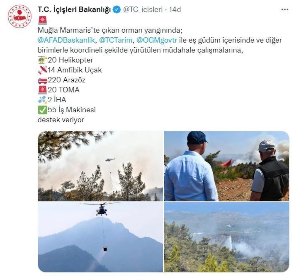 "Marmaris\'teki yangına 20 helikopter, 14 amfibik uçak, 220 arazöz ve 2 İHA destek veriyor"