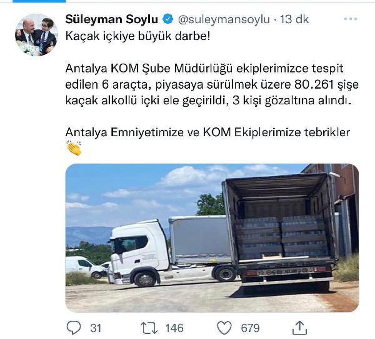 Bakan Soylu\'dan, Antalya\'da 80 bin şişe \'kaçak içki\' ele geçiren ekiplere tebrik