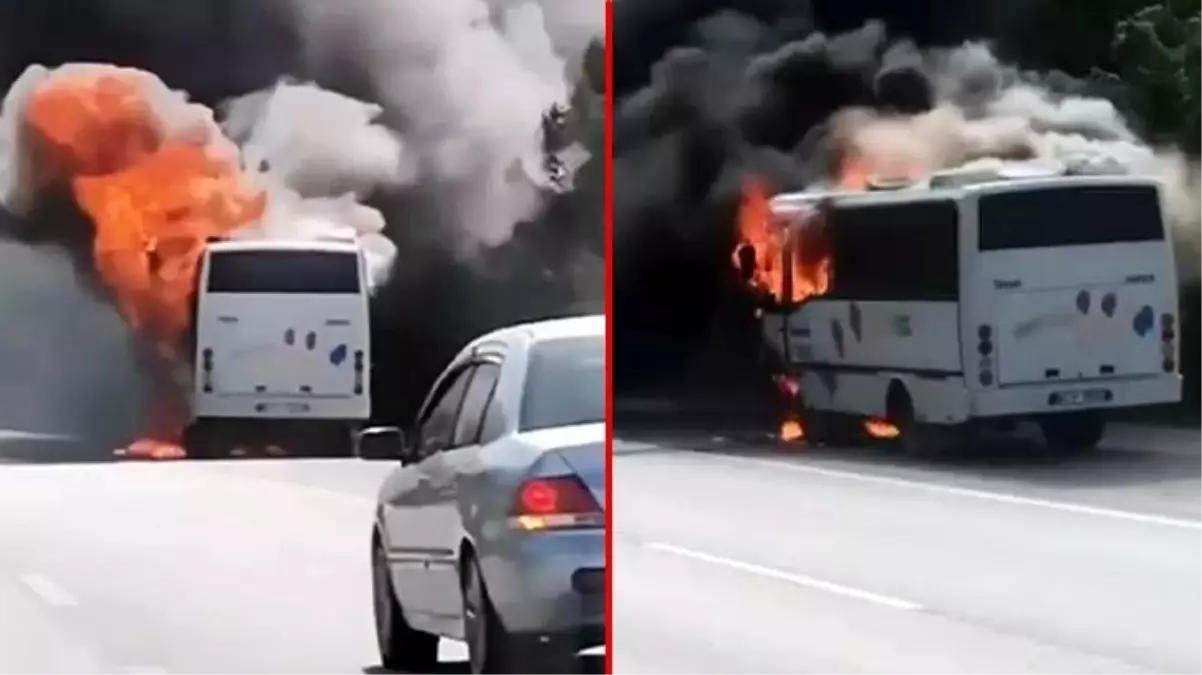 D-100 karayolunda servis aracı bir anda alev alev yandı! Şoförün dikkati sayesinde facianın eşiğinden dönüldü