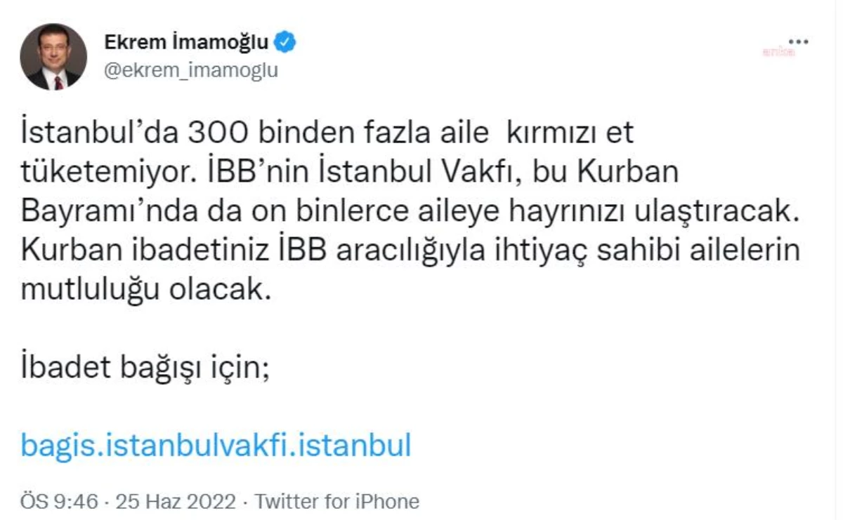 İmamoğlu: "Kurban İbadetiniz İbb Aracılığıyla İhtiyaç Sahibi Ailelerin Mutluluğu Olacak"