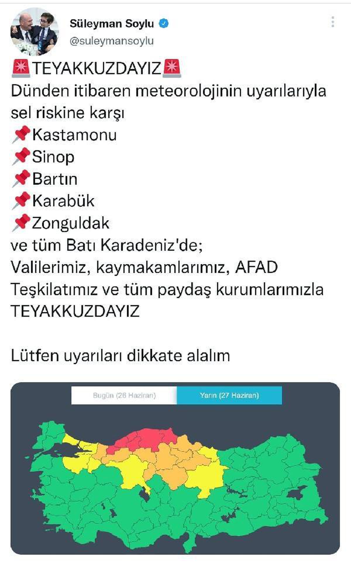 Son dakika: Süleyman Soylu\'dan sel uyarısı