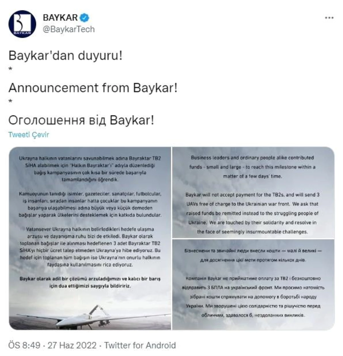 Baykar, Ukrayna\'ya Bayraktar TB2 hediye ediyor!