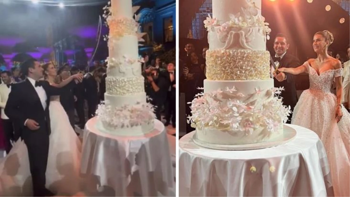 Sabancı çiftinin düğününe 7 katlı pasta damga vurdu! Dev pastayı kılıçla kestiler